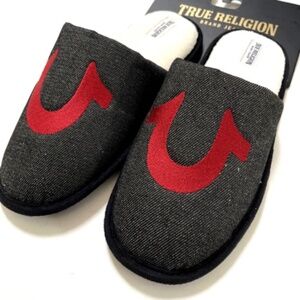 NWOB True Religion Logo Slippers Gray Fabric Size M 9–10 Slip-On Embroidered